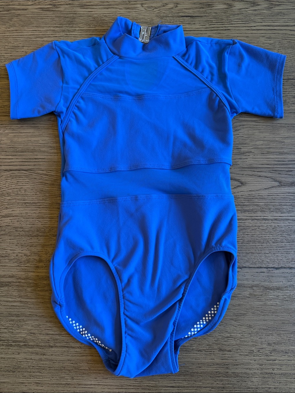Girls Blue Short-Sleeve Dance Leotard with High Neck and Mesh Back
